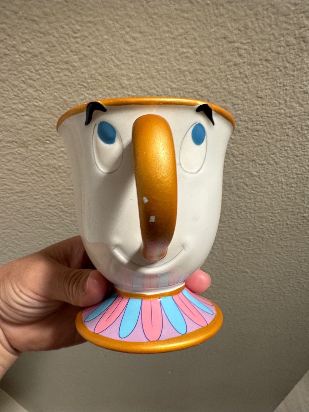 Whimsical Chip Style Character Mug - White with Gold, Pink & Blue Accents